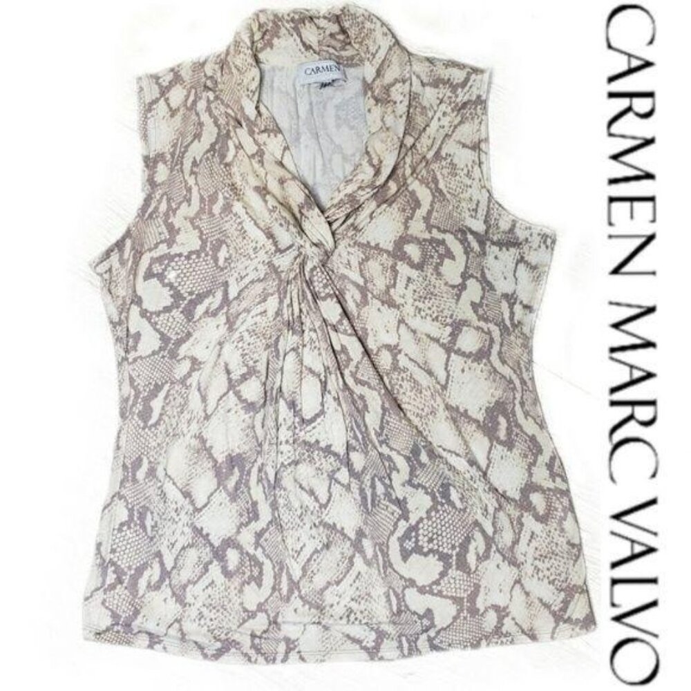 Carmen Marc Valvo Sleeveless Snake Print Blouse Size M Beige/Brown
